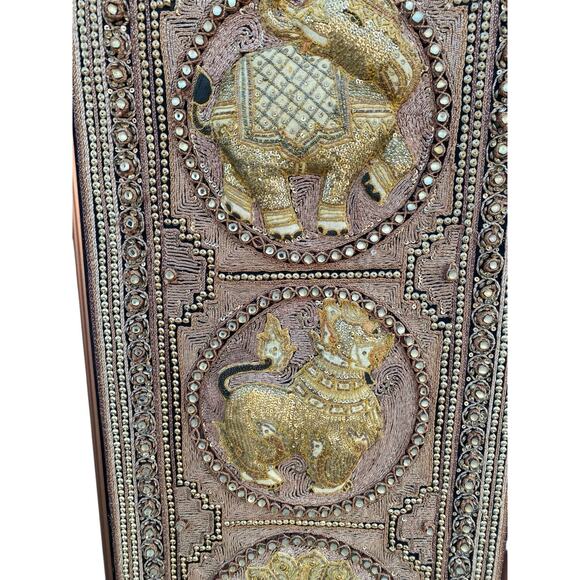 Vtg Burmese Thai Kalaga Tapestry Wall Art Elephant Peacock Lion Beaded 54” Large - Picture 4 of 16